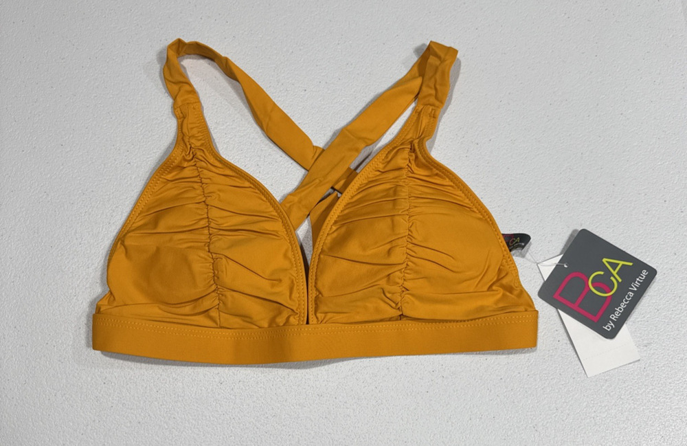 BCA by Rebecca Virtue Strappy Shirred Halter Bikini Top Womens L Gold Yellow